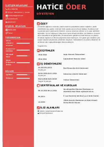 Beslenme Uzmanı Diyetisyen CV Örnekleri cv indir